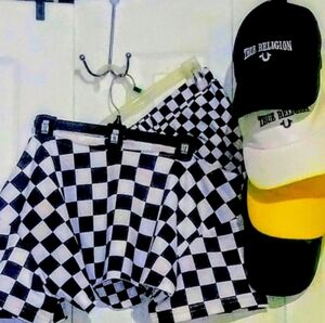 WOMEN'S Black,White Checkered Shorts+Checkerboard off the shoulder crop top